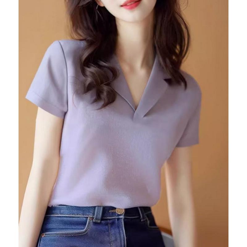 New Design Summer Temperament Top Purple Slim-fit Front Shoulder Short-sleeved T-shirt Women's Summer