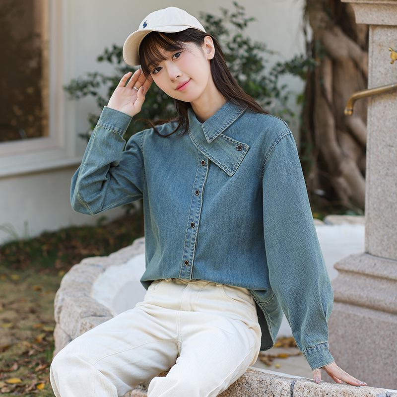 Vintage-Inspired Luxe Korean Denim Shirt with Scarf Collar