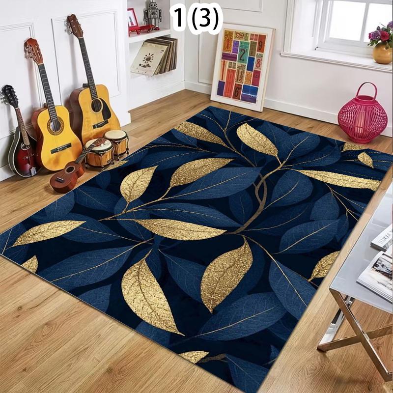 Luxuriöser goldener Teppich mit blauem botanischem Druck, rutschfest, waschbar, Fußmatte für Wohnzimmer, Schlafzimmer, elegante Dekoration