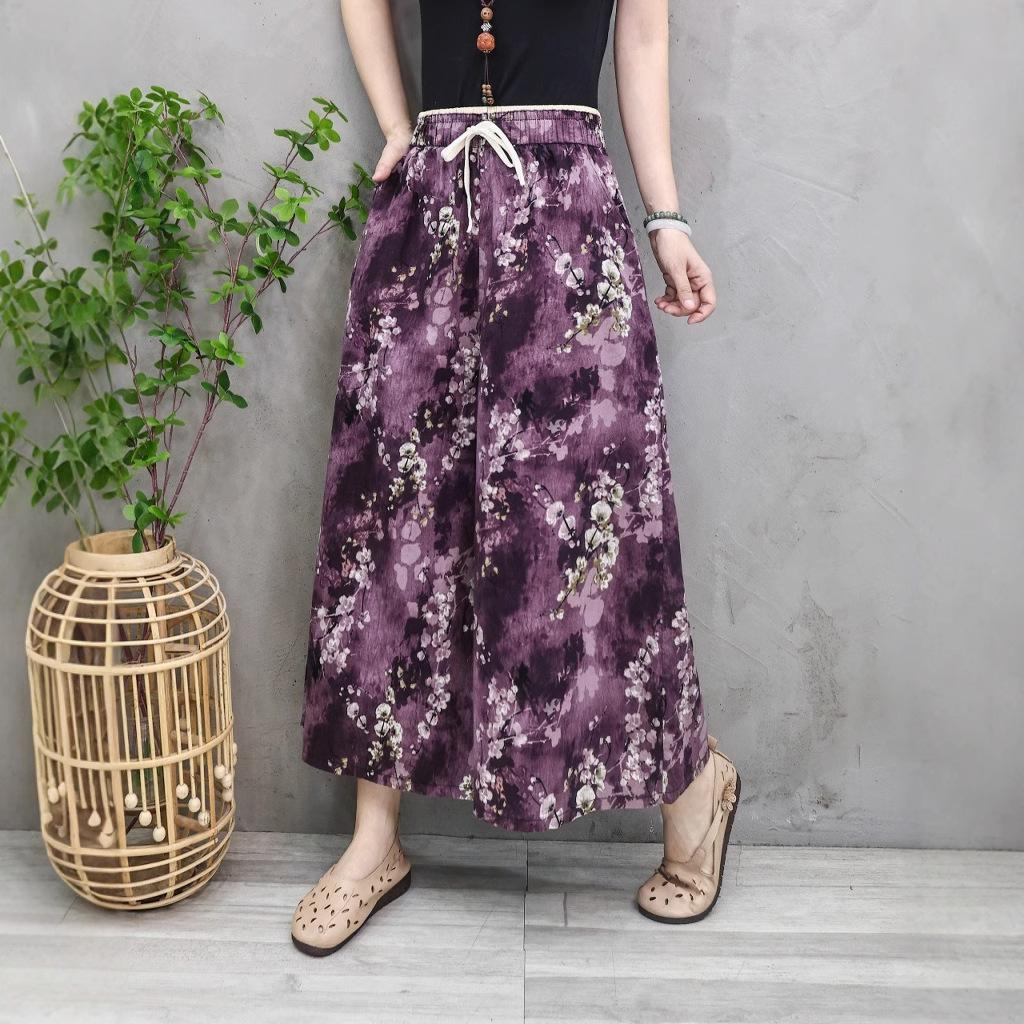 

Женские винтажные свободные брюки с цветочным принтом, летние широкие повседневные брюки из хлопка и льна One Size