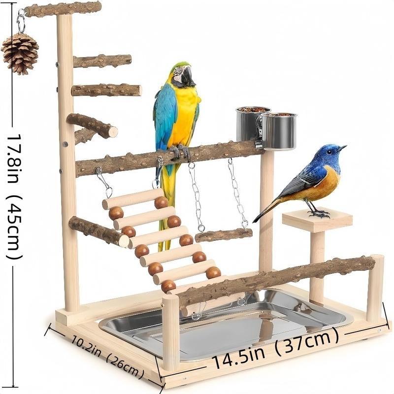 Wooden Bird Play Stand Natural Wood Parrot Playground with Ladder Swing Feeding Cup Cage Top Training Gym Perch for Parrots