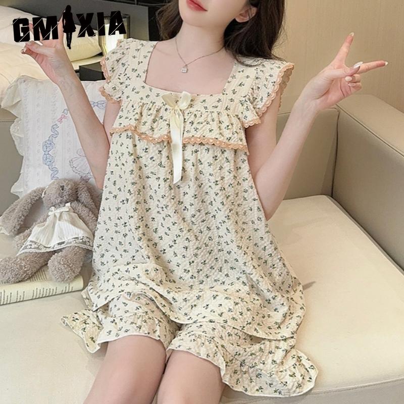 

GMXIA Summer Country-style Pajamas for Women, Sweet Floral Print Home Wear, Vest, Halter Top, Shorts, Set with Chest Pad, Pajamas XXL