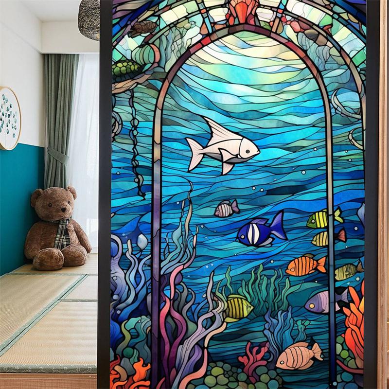 

Витражи красочные тропические растения цветы океан восход солнца оконное стекло статические наклейки съемная ПВХ декоративная пленка для домашнего офиса 60x100cm