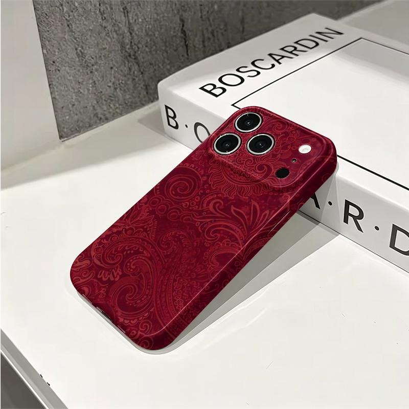Luxurious Red Paisley Intricate Swirl Pattern Art Graphic Film Aesthetic Protective Shockproof Bumper Phone Case Cover For iPhone 14 15 16 ProMax Plus