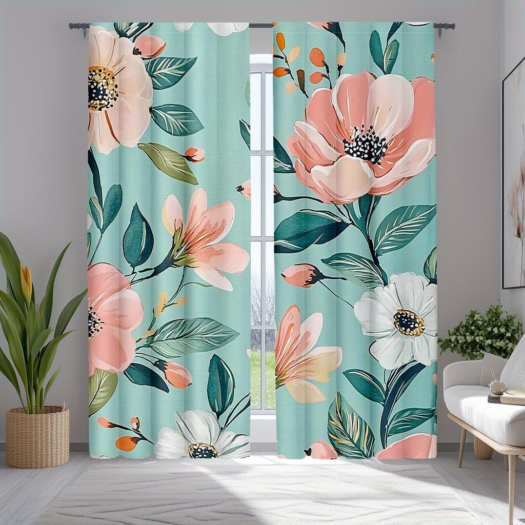 Turquoise Pink Floral Pattern Curtains Polyester Fabric Suitable Bedroom Living Room Decoration Made Of Machine Washable Great Decor