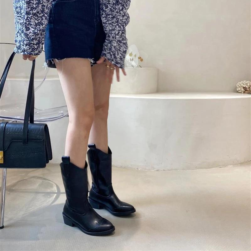 Fashion Half High Boots for Women Waterproof Mid Calf Shoes Woman Retro Pointed Toe Chic and Elegant Boot Sale Pu Quality On Offer Y2k