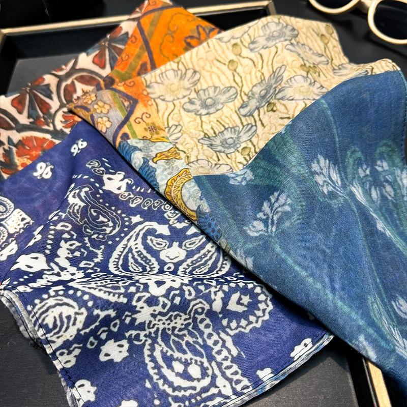 Silk scarves women's spring and summer versatile color hair ties, bags, decorative small scarves, fashionable and advanced sunscreen silk scarves