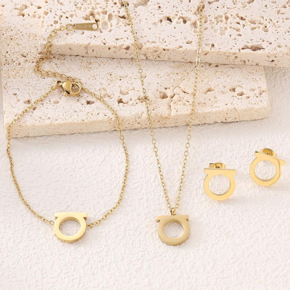 3pcs Set Trendy Simple Smooth Surface Stainless Steel Geometry D-shaped Pendant Necklace Bracelet Earring for Women Jewelry Sets