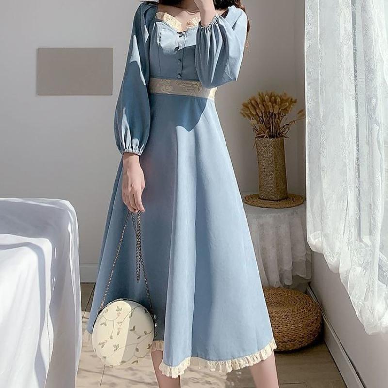 French Retro Square Collar Dress Female Autumn Winter New Elegant Fairy Slim Clothing Blue Fashion Evening Party Long Dresses