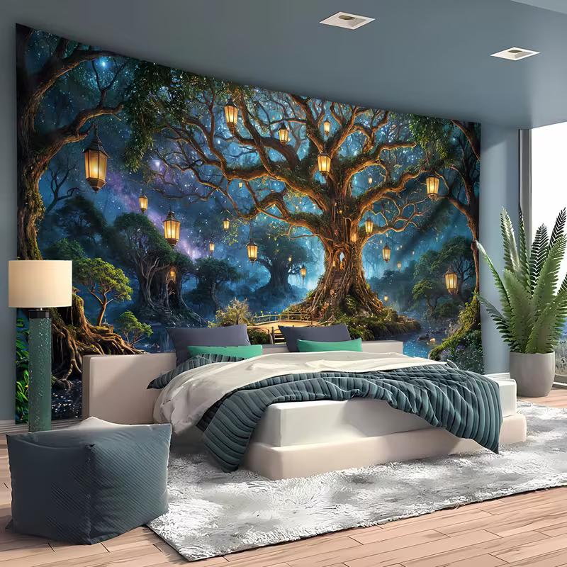 2D Magical Treehouse Tapestry Enchanted Forest with Glowing Lanterns Wall Hanging
