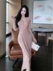 Elegant V-Neck Long-Sleeve Pleated Dress - Slim-Fit, Waist-Cinching Mid-Length Skirt for Women
