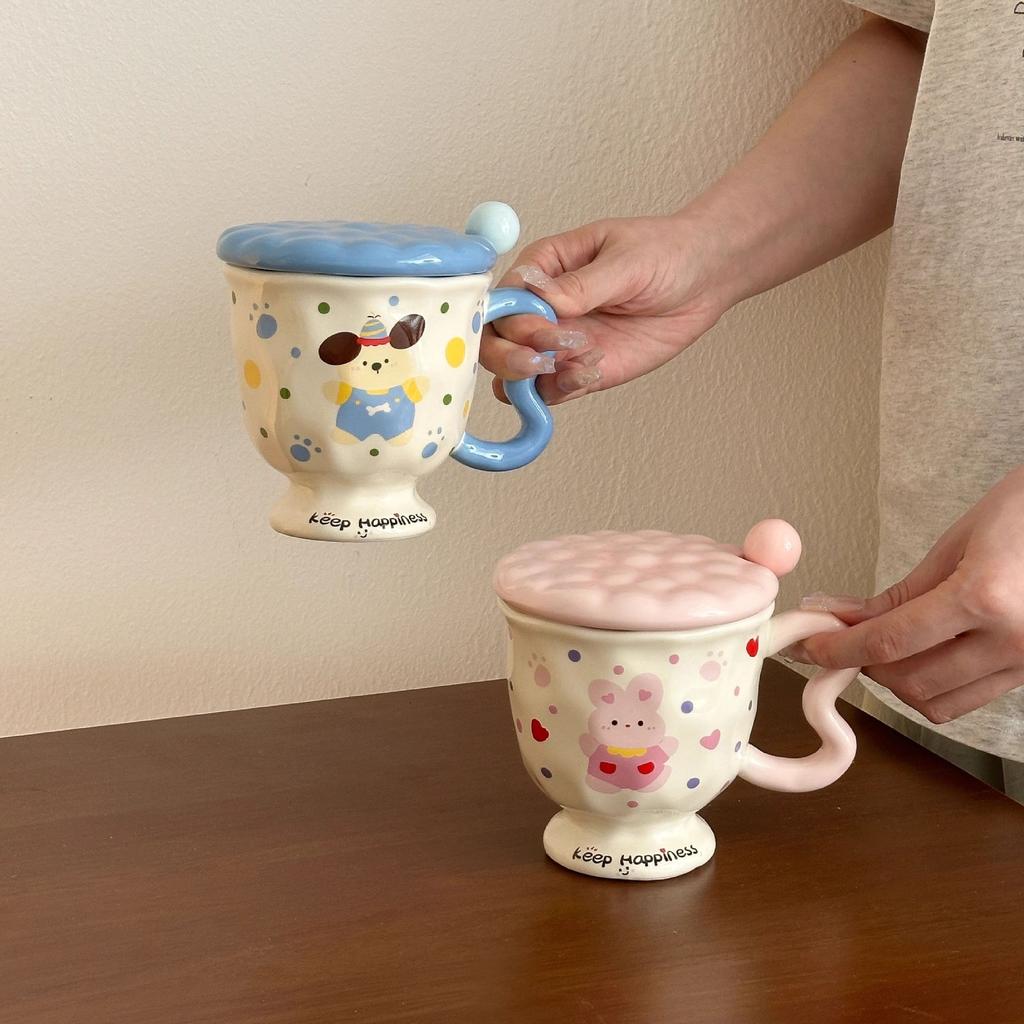 Niedlicher gepunkteter Hase Kreative hochwertige Cartoon-Wassertasse Keramiktasse mit Deckel Löffel Geburtstagsgeschenk für Mädchen