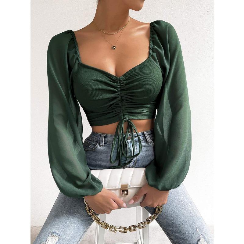 Spring Women's Blouse Low-cut Sexy V-neck Splicing Chiffon Drawstring Lantern Sleeve Slim Tops