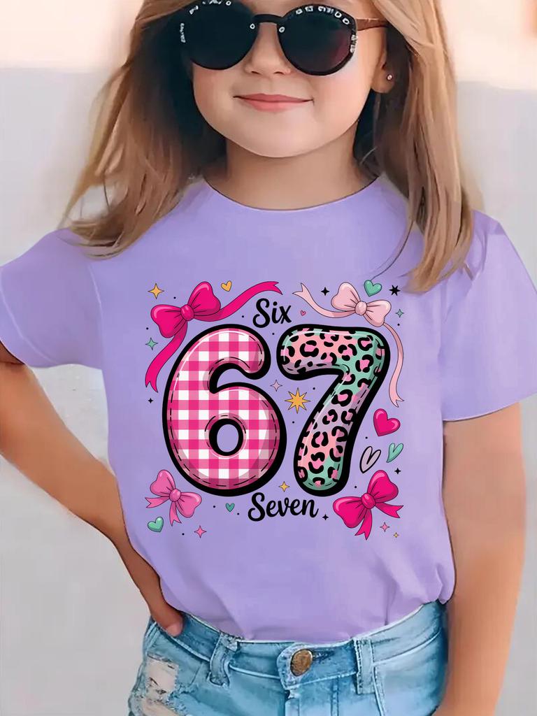 Fashion Girls Short Sleeve TShirt Plaid Leopard Print 67 Tee Top Birthday Gift Cute Bow Heart Six Seven Cartoon Print Top