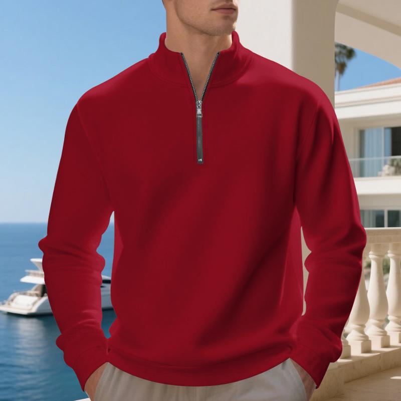 Pulôver Plus Size de Outono/Inverno com Forro de Lã e Meio Zíper, Cor Lisa, Moletom Casual para Homens