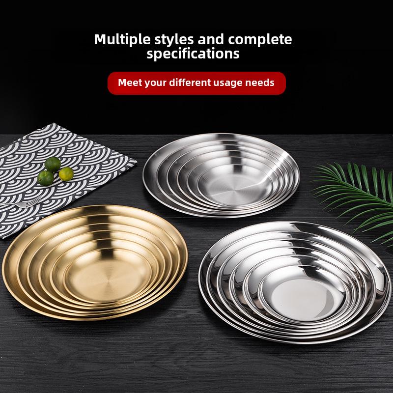 Koreanische Goldene Runde Edelstahl Grill- & Servierplatte – Ideal für Gemüse, Obst, Kuchen, Desserts und mehr.
