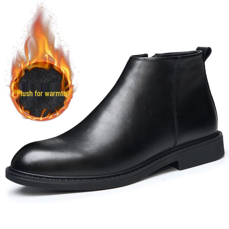 Men's British Style Genuine Leather Chelsea Boots - Autumn/Winter Mid-Cut, Plus Velvet, Warm, Trendy, High-Top, All-Match.