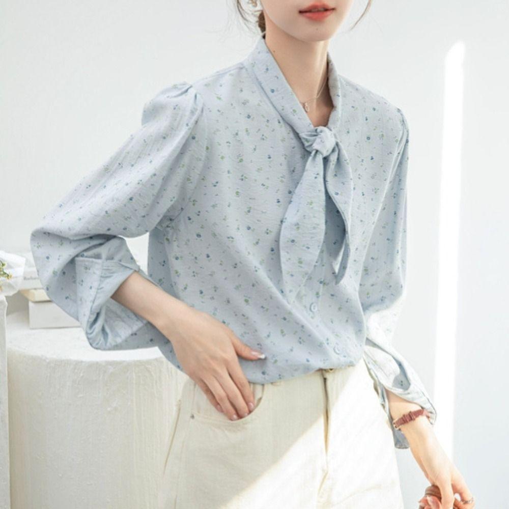 Bow Tie Long Sleeve Shirts Sweet Floral Baggy Shirts Comfortable Blouses for Women Office