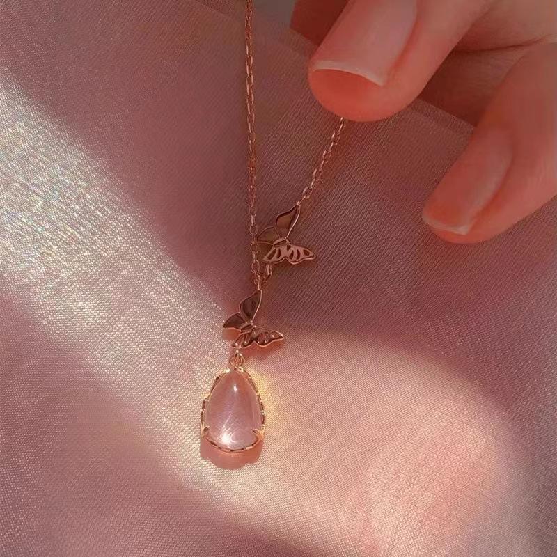 Pink chalcedony butterfly necklace women's light luxury simple temperament niche design sense exquisite versatile tide water drop collarbone chain