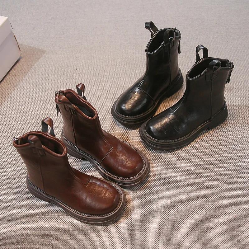 New Children Leather Boots Spring Autumn Girls Ankle Boots Thick Bottom Non-slip Kids Causal Fashion Boots Round-toe Versatile