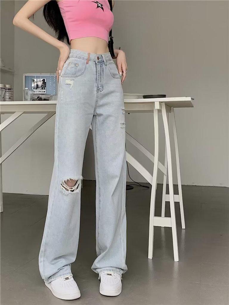 Women's Light-colored High Waist Ripped Straight Jeans - Summer Loose Fit Wide-leg Mopping Trousers