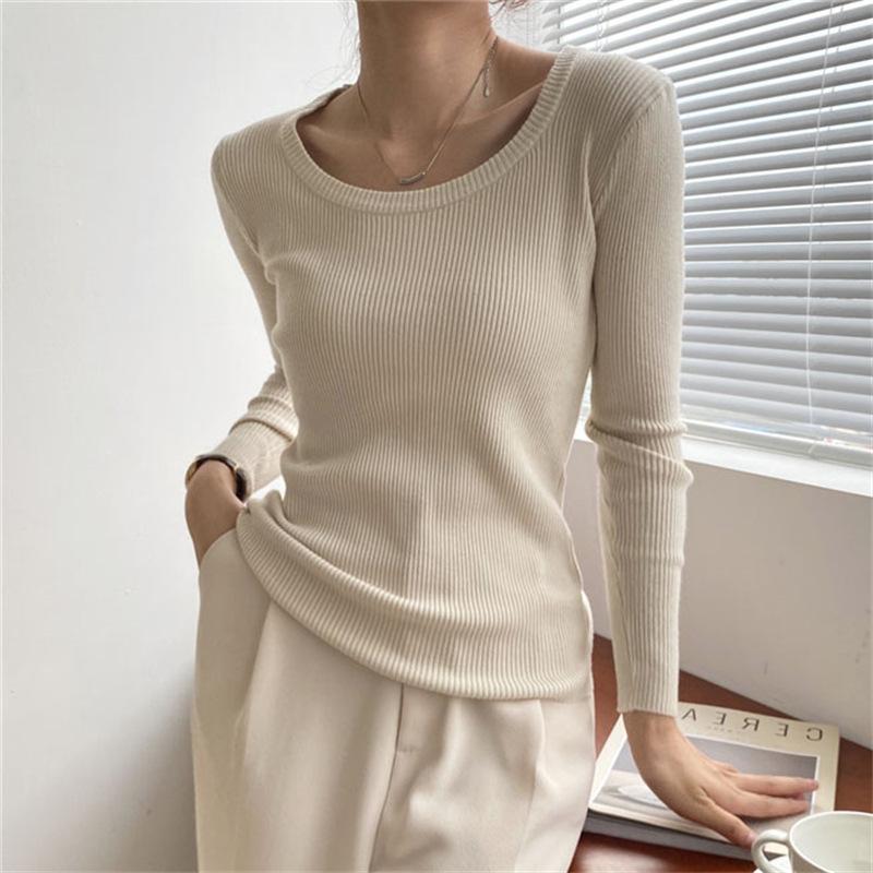 Autumn and winter new simple and versatile knitted bottoming shirt women's soft waxy temperament slim-fitting round neck pullover sweater inner