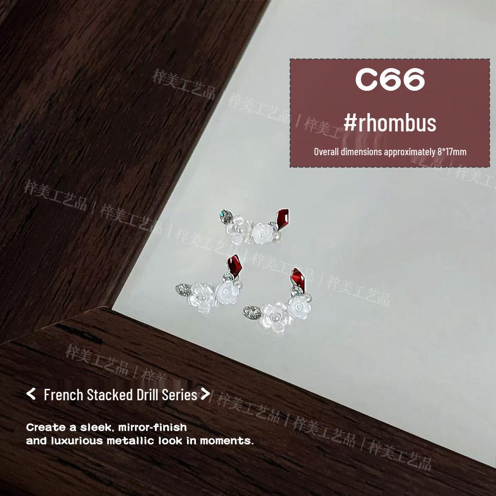 Nail Art Blood Red French Rhinestone Sparkle Camellia Decoration