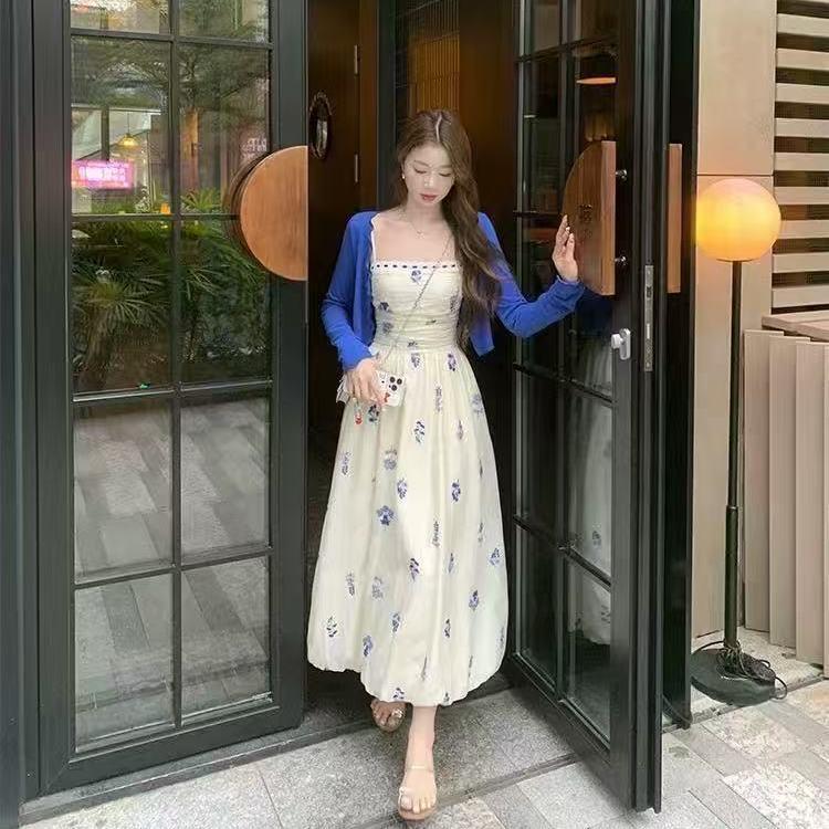 Plus Size French-Style Floral Dress & Sun Protection Cardigan Set for Women
