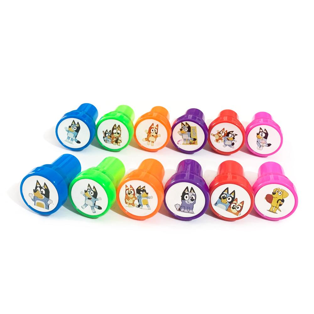 12Pcs/Set Bluey And Bingo Seal Bandit Chilli Lucky Socks Anime Figures Colorful Pattern Stamp Kids Toys Gift