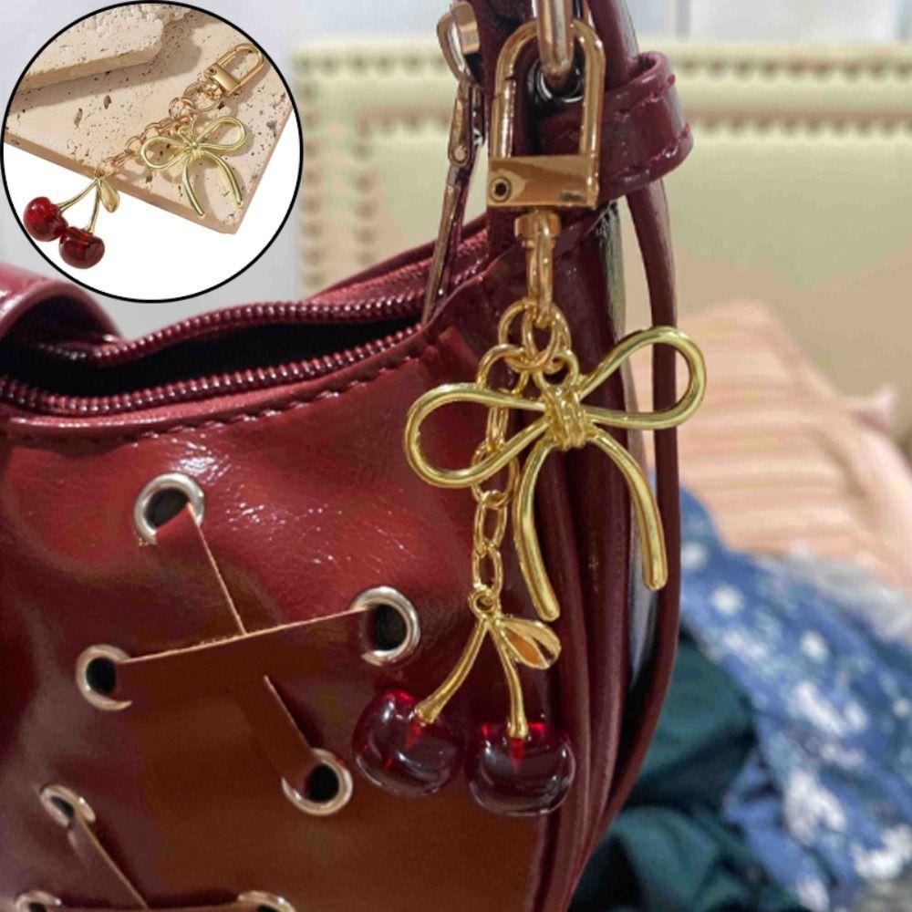Fashion Delicious Red Cherry Bow Keychain Summer Fruits Cherries Pendant Keyring For Women Men Jewelry Bag Accessories Gift