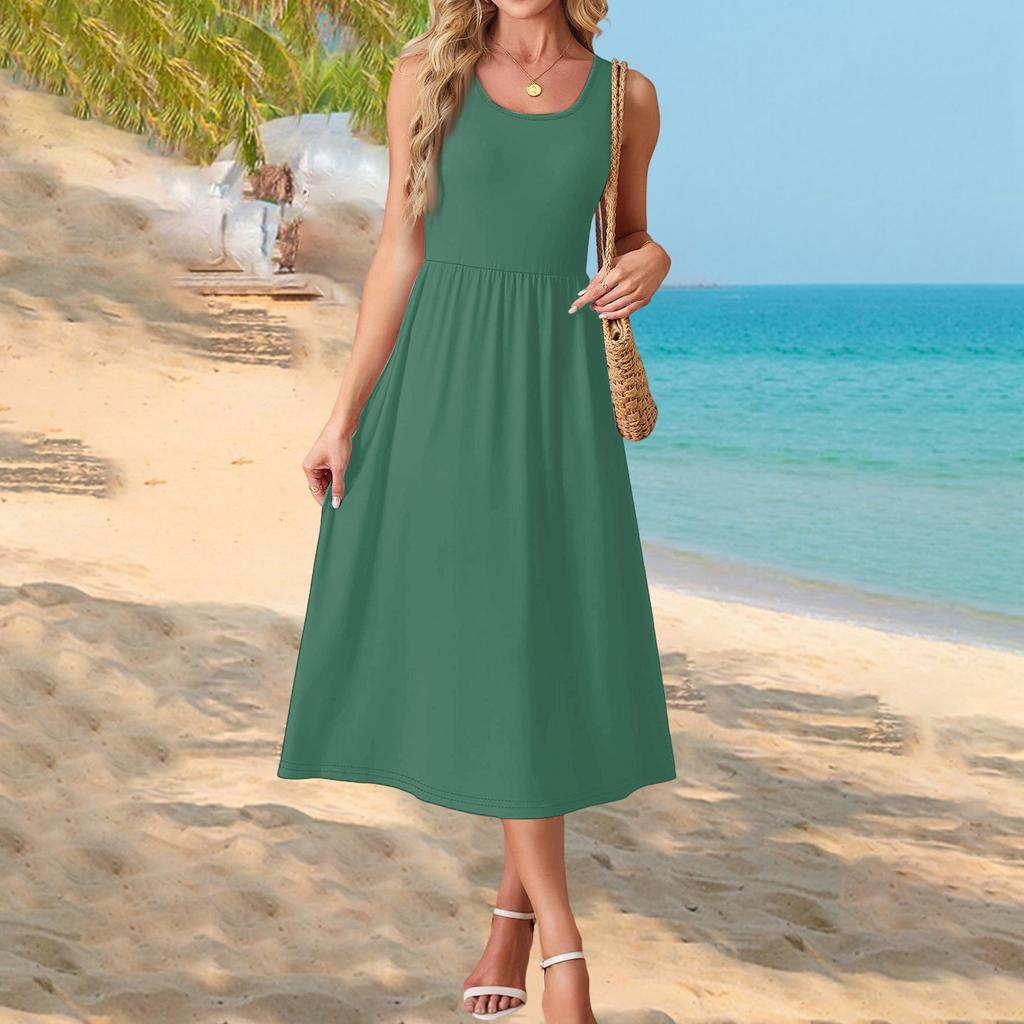 Sleeveless Crew Neck Maxi Dress with Pockets for Women Casual Loose Fit Solid A Line Long Sundress