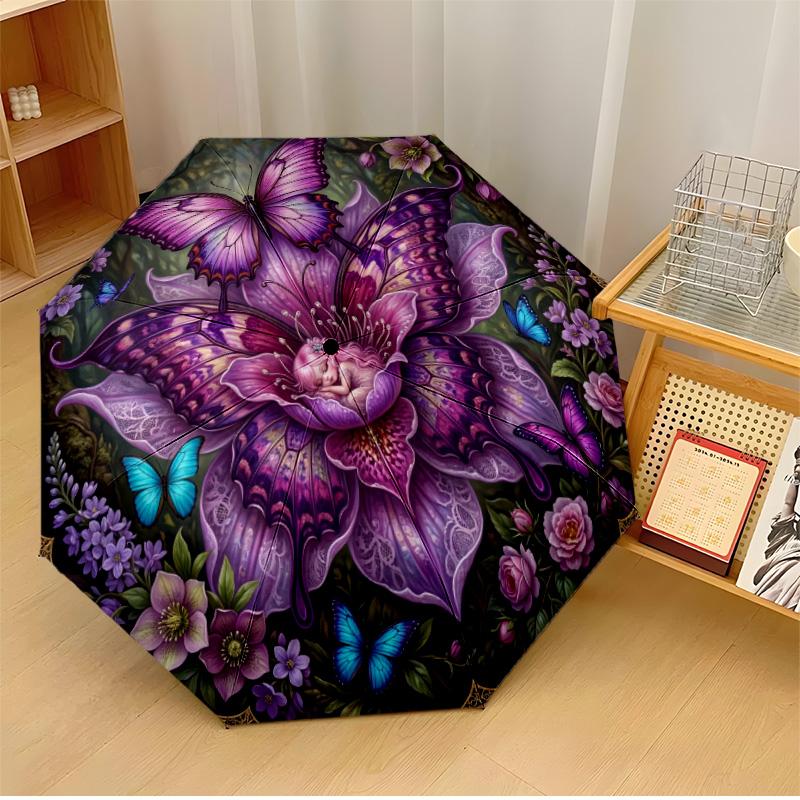 Butterfly Flower Circle (1) Printed Umbrella Windproof Folding Umbrella Portable Sun and Rain Umbrella Suitable for Gifting