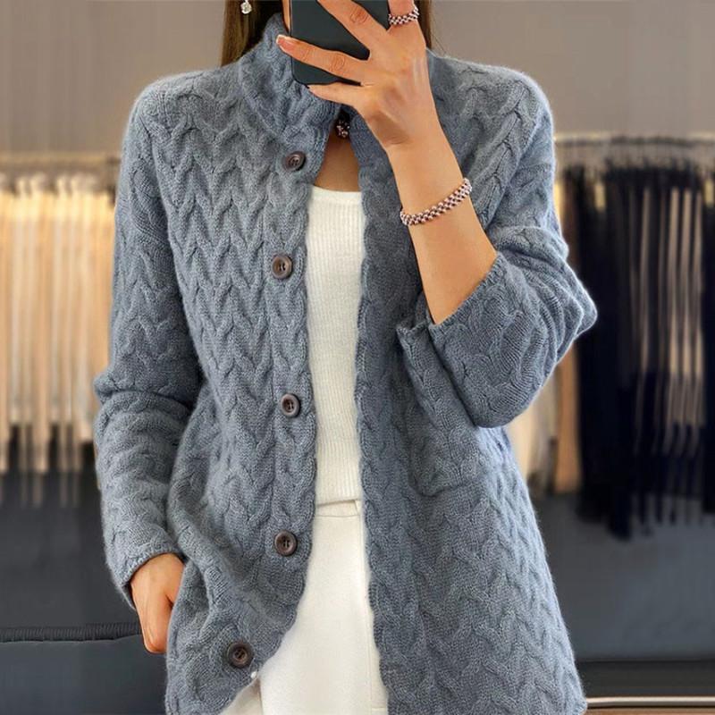 Tooxika Women's Clothing 2024 Autumn And Winter New Women's Retro Twisted Stand Collar Knitted Cardigan Solid Color Long Sleeve Sweater Jacket