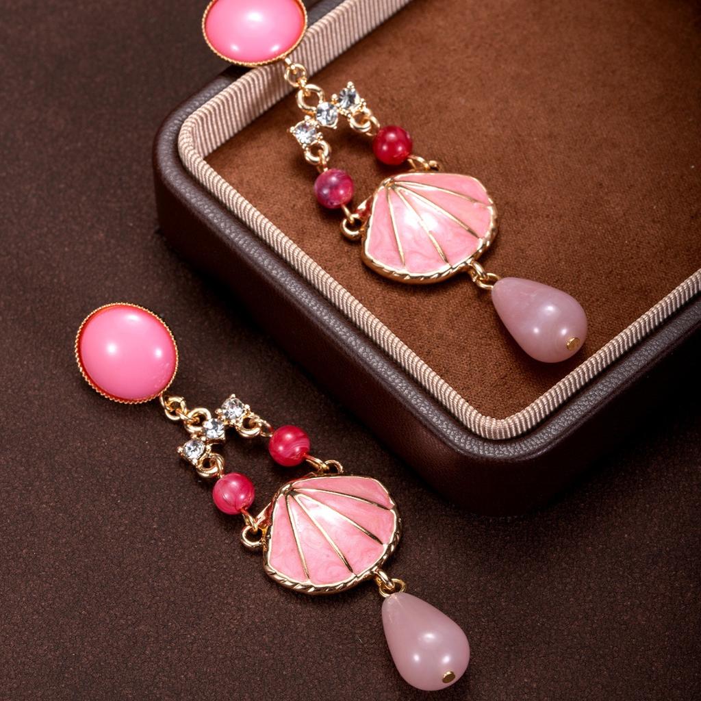 Shell shape splicing pink water drop stacking round stud earrings metal gold-plated design earrings