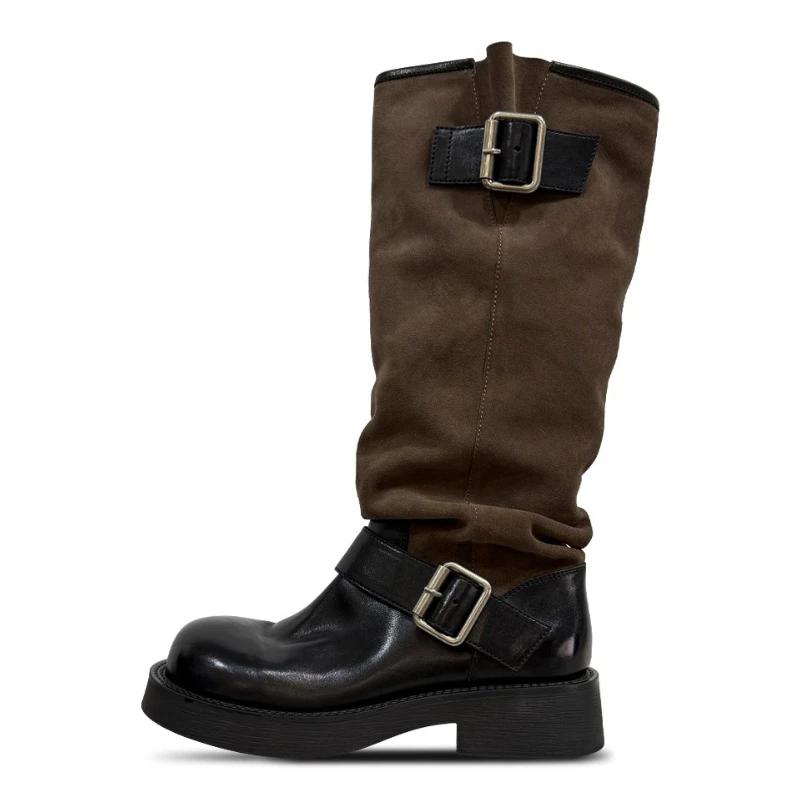

Luxury Splicing Mid Calf Boots Women Fashion Belt Buckle Design Faux Suede Boots Lightweight Non-Slip Round Toe Designer Shoes 40