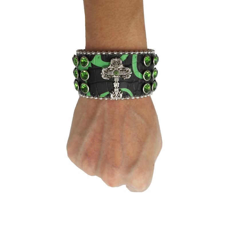 Cross-set Diamond Design Rhinestone Bracelet with Hip-hop Trendy PU Leather Bracelet Design