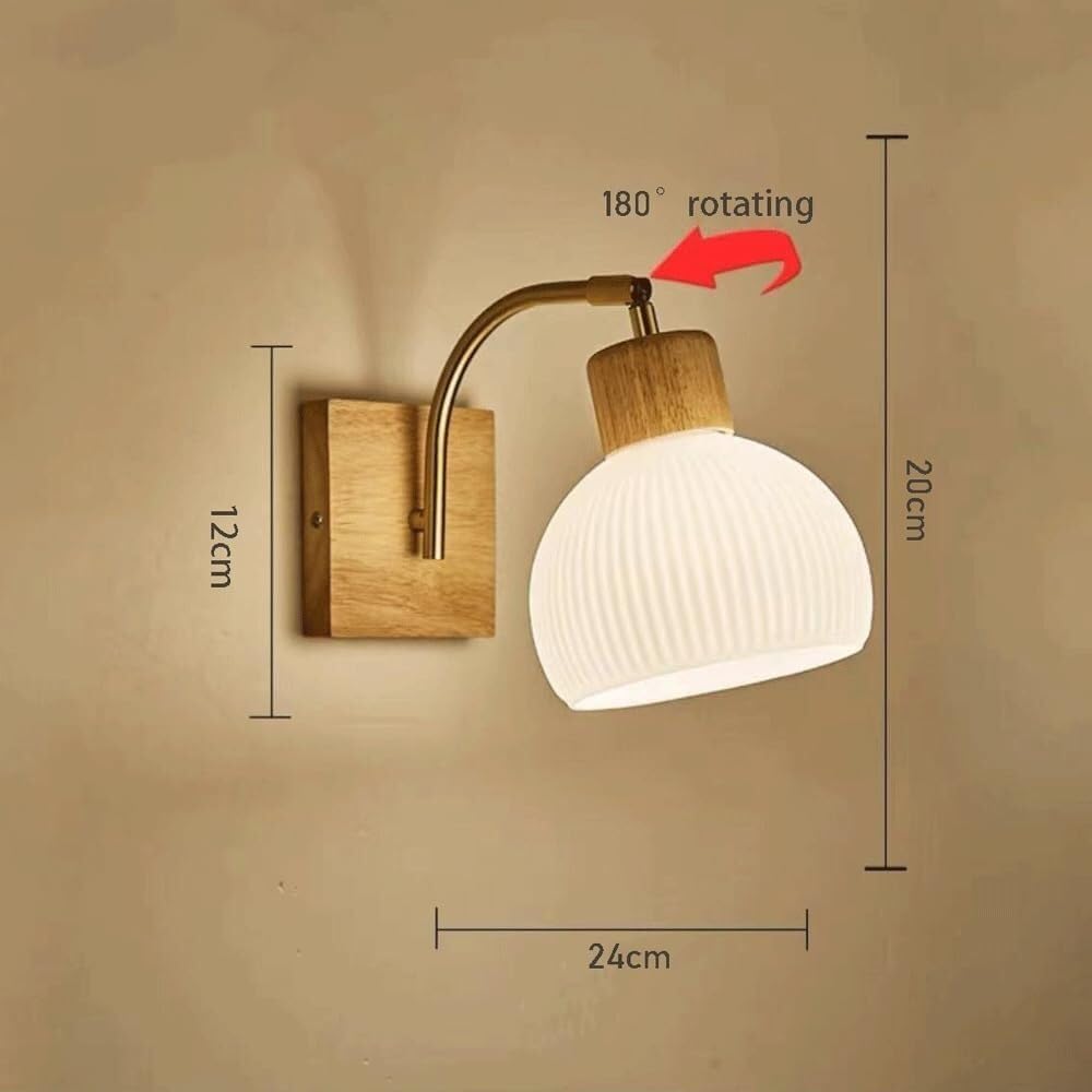 Wall Lamp Solid Wood & Ribbed Milk White Glass Sconce  Retro Minimalist Bedside Lamp