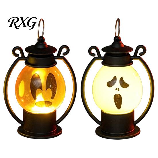 Safe Flameless Candle Halloween Ghost Face Night Light, Portable Retro LED Lamp with Hanging Indoor Outdoor Lighting Ring, Battery Operated