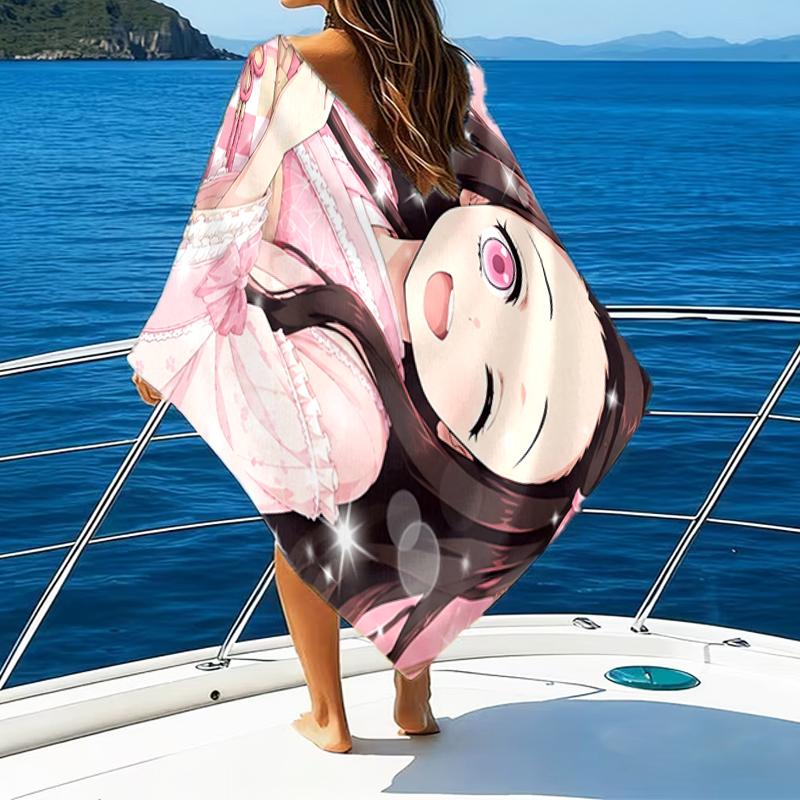 1pc Nezouko7 Beach Towel, Beach and Seaside Swimming Pool Equipment, Fashion Pattern, Rectangular, Travel Essentials