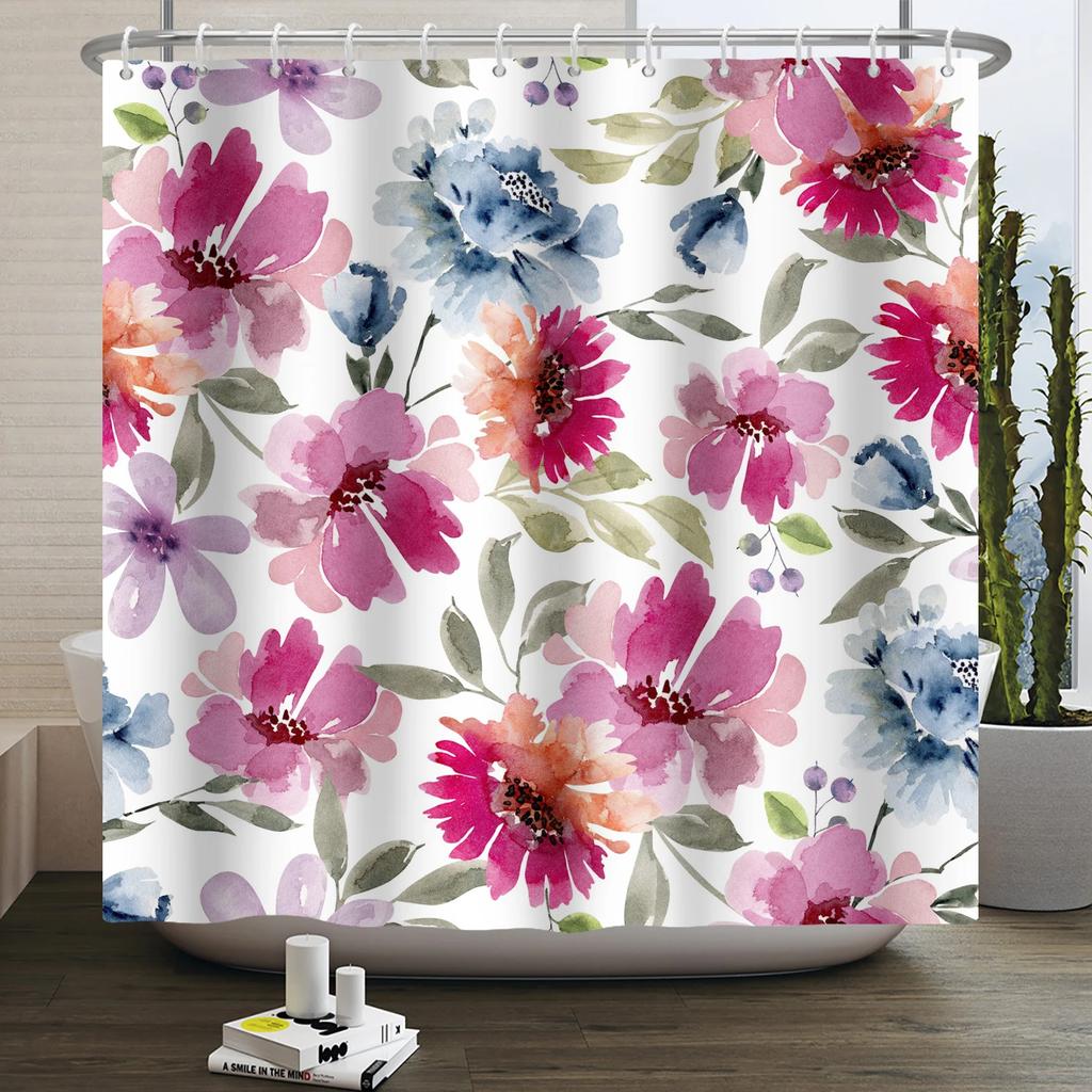 Watercolor Floral Shower Curtain for Bathroom Spring Elegant Flower Printed Bath Curtain Botanical Wildflower Bathroom Decor