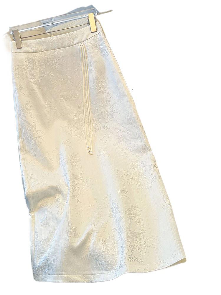 Summer 2025 High-Waist Chinese Style Embroidered A-Line Bodycon Midi Skirt for Women