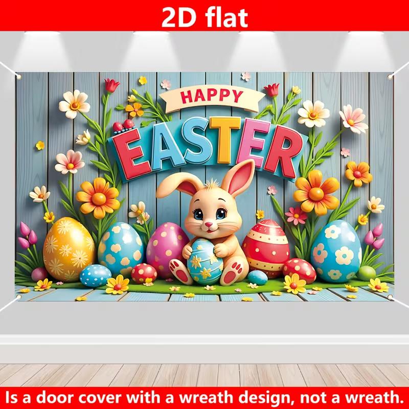 2D Spring Easter Door Cover Colorful Easter Bunny with Eggs on Wooden Background for Party Decoration