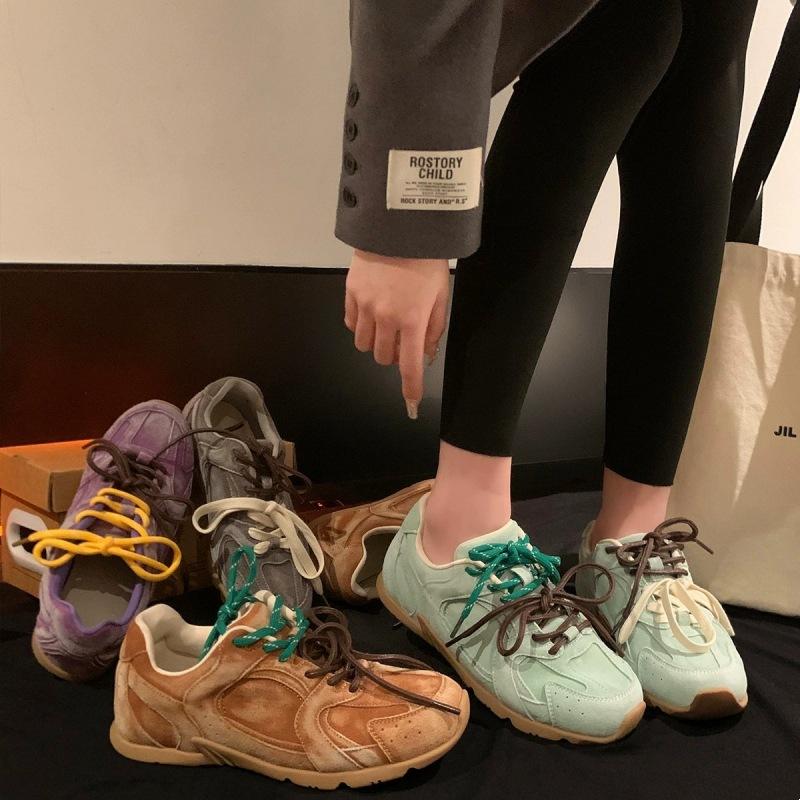 

[Garoa] Бренд ~ Весенние новые ретро-кроссовки из натуральной кожи, дышащие, контрастного цвета, повседневные туфли на плоской подошве для женщин