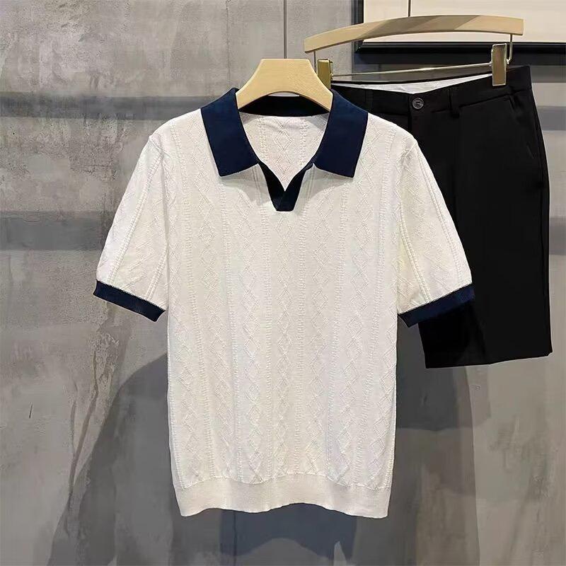 Polo de Punto de Seda de Hielo de Gama Alta para Hombre con Jacquard en Contraste - Moderno, de Manga Corta, Camiseta de Verano