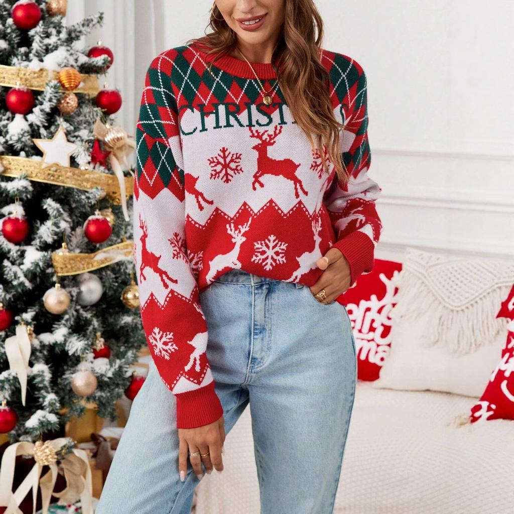 Europe, America, Autumn and Winter New Jacquard Crew Neck Long-sleeved Pullover Christmas Sweater Casual Lazy Wind Knitted Sweater Jacket