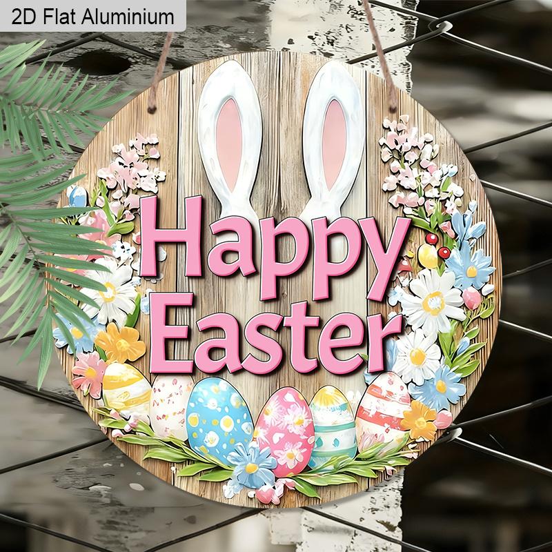 2D Flat 1pc Easter Aluminum Decoration Hanging Plaque, Bunny Ears and Colorful Eggs Signs, Living Room Decor, Easter Party Decor, Lightweight
