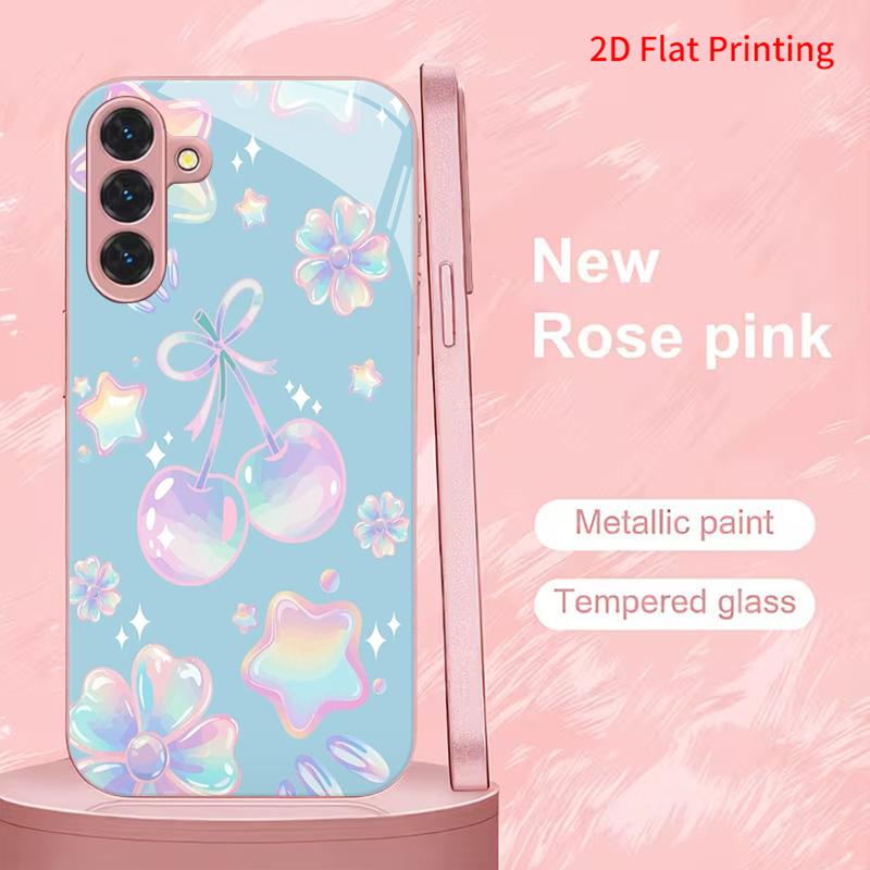 2DFlat Samsung electroplated tempered glass phone case,Pastel Stars and Cherries DesignSuitable for Galaxy S26 S23 S24FE S25ULTRA S22 S21