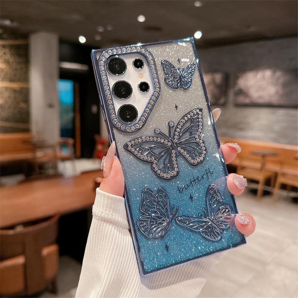 Electroplating Butterfly Applies To Samsung Samsung S25Ultra with Drill Point Drill S24 Glitter Gradual Change Mobile Phone Case A26