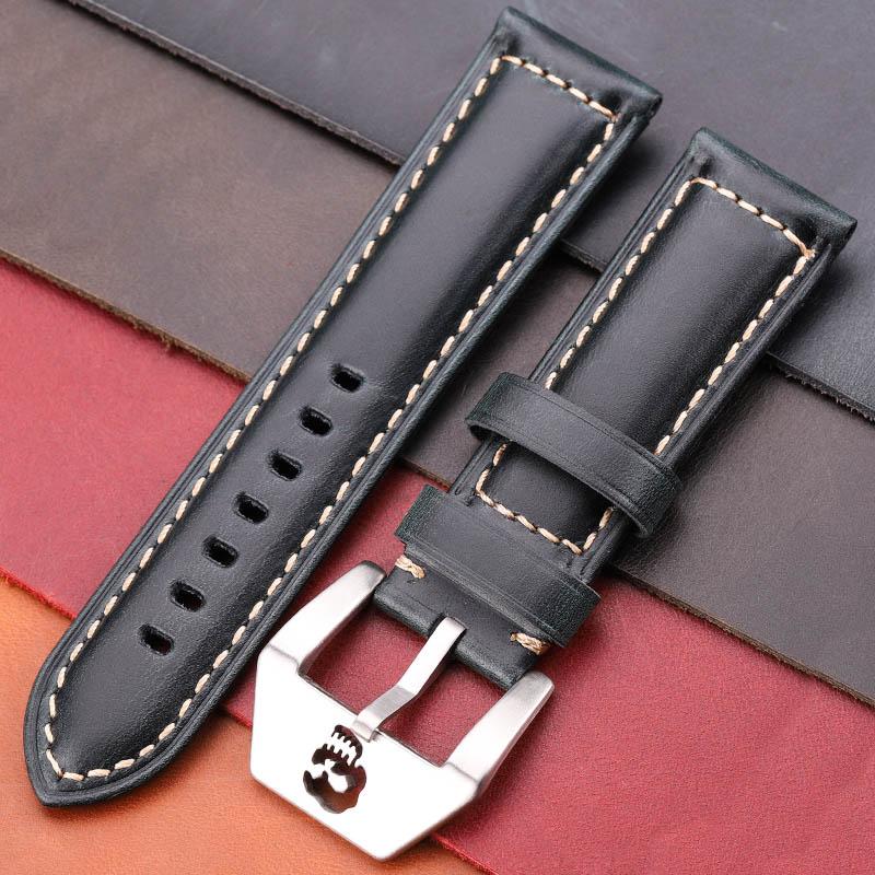Watchband Vintage Watchbands 22mm 24mm 26mm Cow Leather Watch Strap Band Red Blue Green Brown With Skeleton Pin Buckle