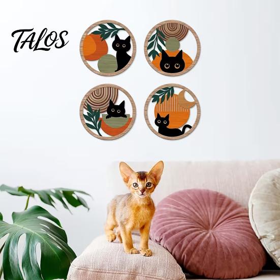 Nursery Wall Decor 4Pcs Black Cat Set, Boho Cartoon Hanging Art, Bedroom Art Farmhouse Rustic Wooden Plants Sign for Living Room Office Animal